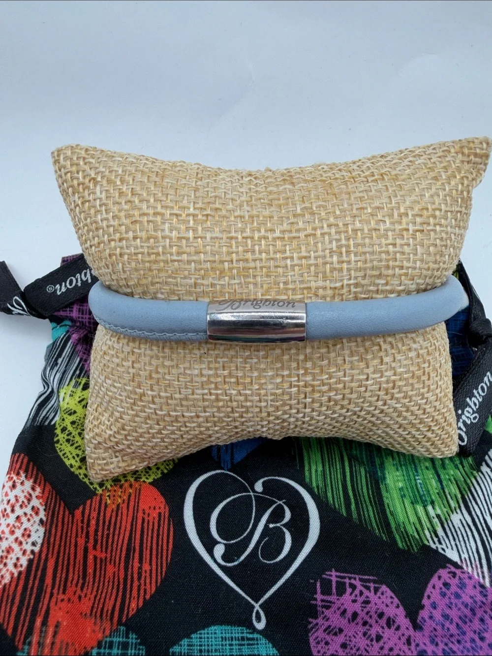 Brighton Pale Blue MdLg WoodstockLeather Bracelet with Silver Beads and Teardrop